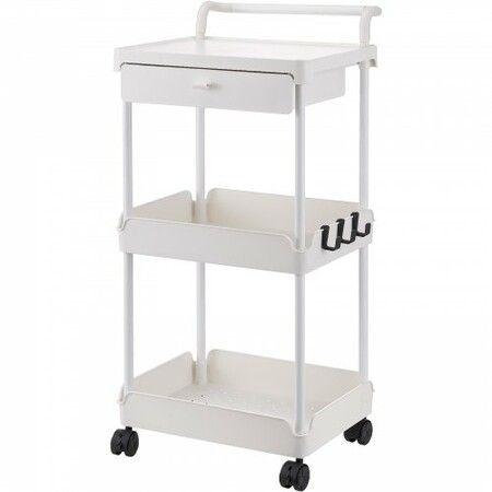 3-Tier Rolling Utility Cart with Drawer, Kitchen Cart with Lockable Wheels, Multifunctional Storage Trolley with Handle for Office, Living Room, Kitchen, Movable Storage Organizer Shelves, White