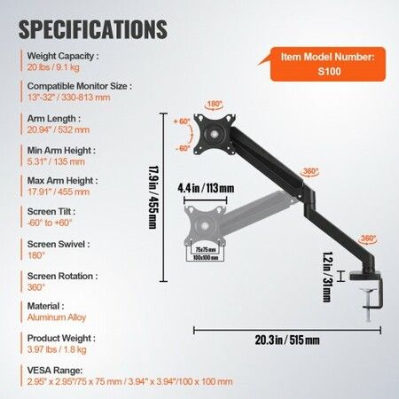 Single Monitor Mount, Supports  13"-32" (330-813 mm) Screen, Fully Adjustable Gas Spring Monitor Arm, Hold up to 9.1 kg, Computer Monitor Stand Holder with C-Clamp/Grommet Mounting Base, VESA Mount Bracket