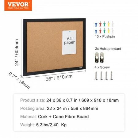 Cork Board Bulletin Board 36" x 24" with MDF Sticker Frame Wall Mounted