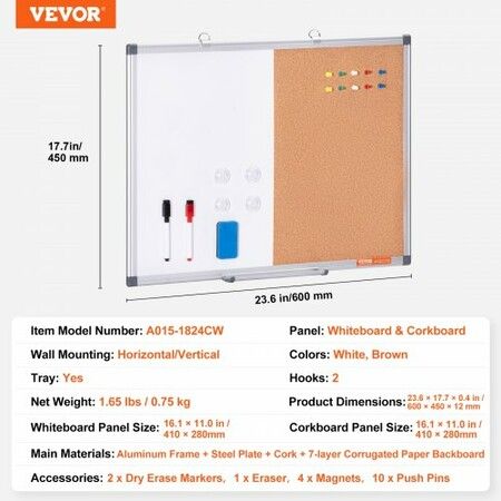 24"x 18" Whiteboard & Cork Board Combo with Aluminum Frame for School Home