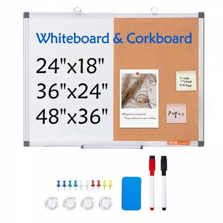 24"x 18" Whiteboard & Cork Board Combo with Aluminum Frame for School Home