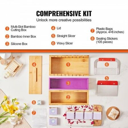 Soap Making Kit, Bamboo Cutting Box and Inner Box with Silicone Mold, Stainless Steel Straight Cutter and Wavy Cutter, 100 Bags and 105 Stickers, Soap Making Supplies DIY Kits for Adults