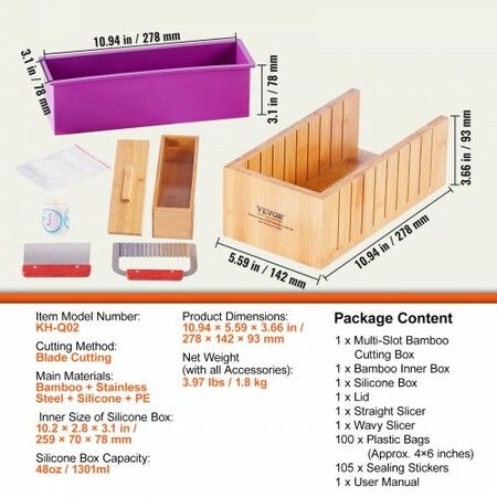 Soap Making Kit, Bamboo Cutting Box and Inner Box with Silicone Mold, Stainless Steel Straight Cutter and Wavy Cutter, 100 Bags and 105 Stickers, Soap Making Supplies DIY Kits for Adults