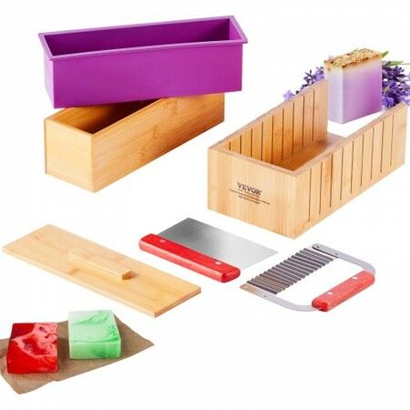 Soap Making Kit, Bamboo Cutting Box and Inner Box with Silicone Mold, Stainless Steel Straight Cutter and Wavy Cutter, 100 Bags and 105 Stickers, Soap Making Supplies DIY Kits for Adults