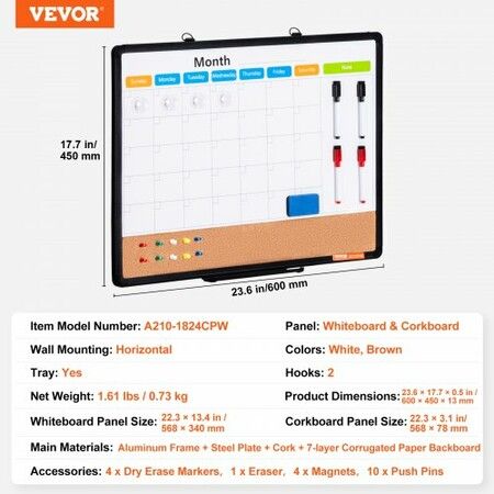 24"x18" Monthly Calendar Whiteboard & Cork Board Combo with Aluminum Frame