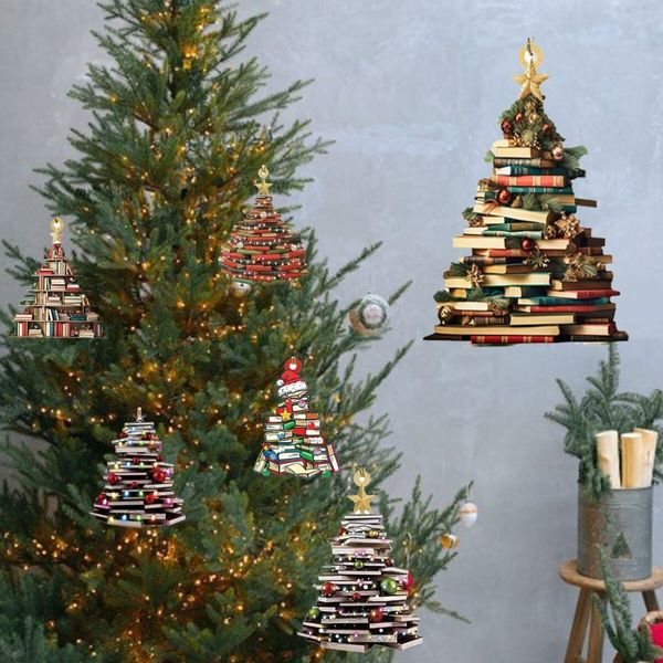 Christmas Tree Shape Bookshelf Pendant,Hanging Sleigh Pendants,Christmas Books Acrylic Ornaments Gifts (F)