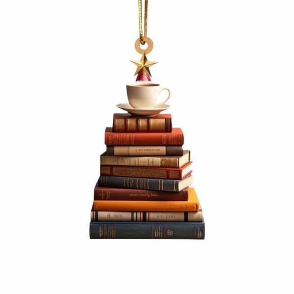 Christmas Tree Shape Bookshelf Pendant,Hanging Sleigh Pendants,Christmas Books Acrylic Ornaments Gifts (F)