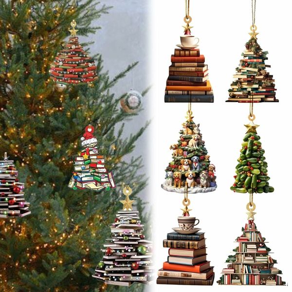 Christmas Tree Shape Bookshelf Pendant,Hanging Sleigh Pendants,Christmas Books Acrylic Ornaments Gifts (E)