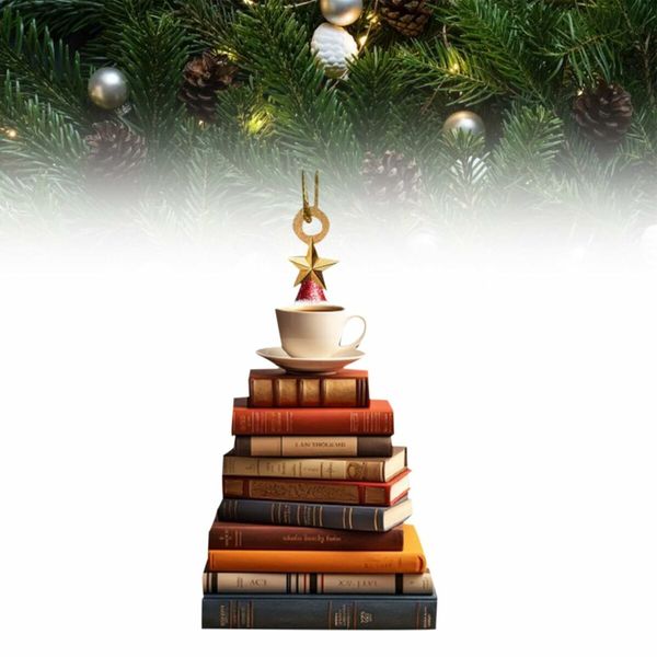 Christmas Tree Shape Bookshelf Pendant,Hanging Sleigh Pendants,Christmas Books Acrylic Ornaments Gifts (A)