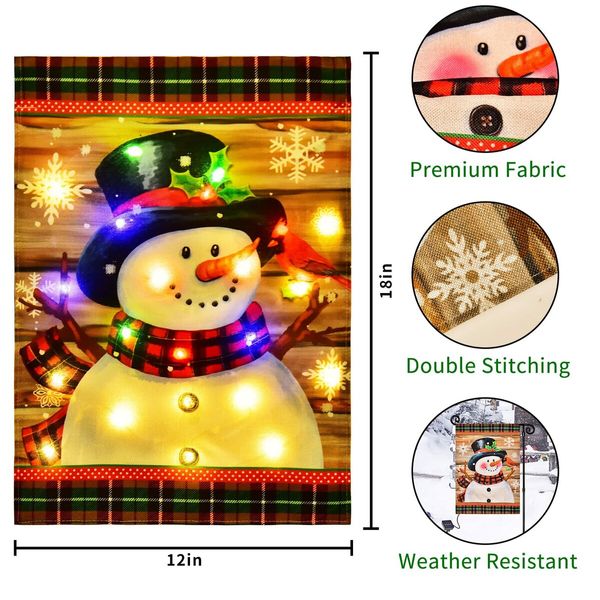 Lighted Christmas Garden Flag for Outside,Led Snowman Garden Flag,Winter Yard Flag 12x18In Double Sided for Outdoor Yard Porch Lawn Decoration