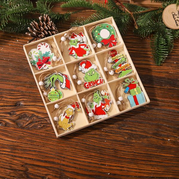 18 Piece Grinch Christmas Nine Square Grid Pendant Set Wooden Christmas Tree Hanging Ornaments for Holiday Party Props