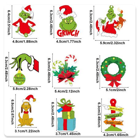 18 Piece Grinch Christmas Nine Square Grid Pendant Set Wooden Christmas Tree Hanging Ornaments for Holiday Party Props