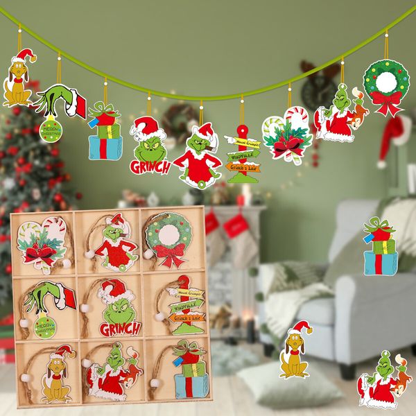 18 Piece Grinch Christmas Nine Square Grid Pendant Set Wooden Christmas Tree Hanging Ornaments for Holiday Party Props