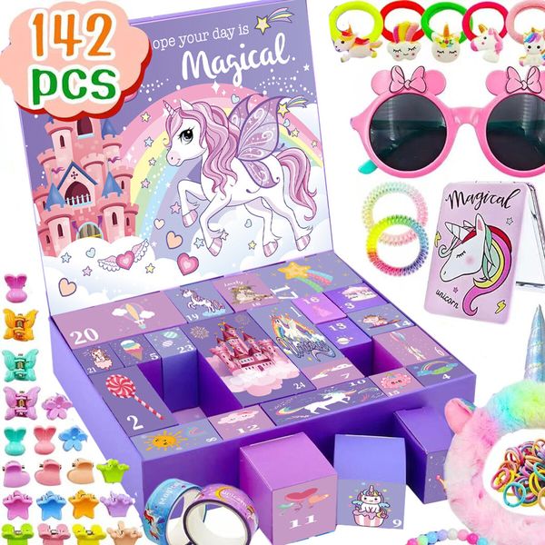 142 PCS Unicorn Advent Calendar Surprise Box for Girls Gifts with Plush Hairband Hair Clips Eye Accessories Christmas Gift