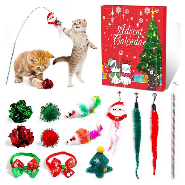 12 Day Cat Advent Calendar Christmas Toys Countdown with Catnip Mice Feather Teaser and Ball Bells for Kittens and Cat Lovers