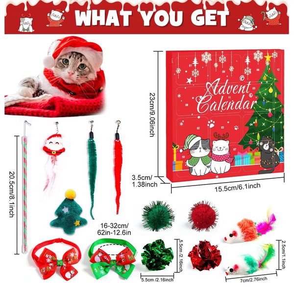 12 Day Cat Advent Calendar Christmas Toys Countdown with Catnip Mice Feather Teaser and Ball Bells for Kittens and Cat Lovers