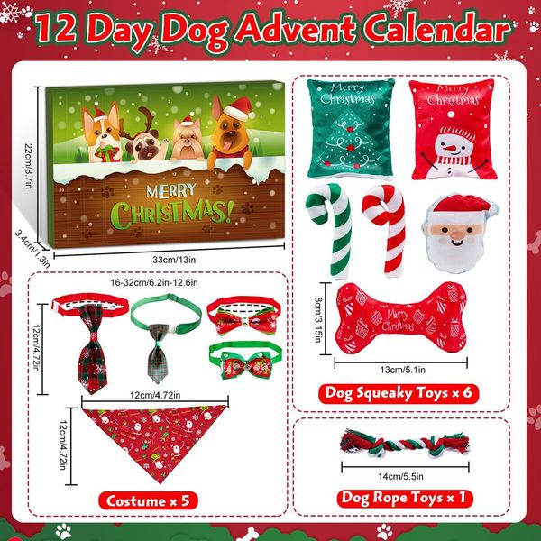 12 Day Dog Advent Calendar Christmas Countdown with Chew Ropes Squeaky Balls and Teething Toys for Small & Large Dogs