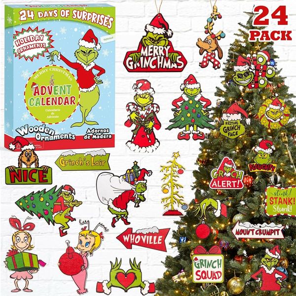 24 Day Green Christmas Wooden Advent Calendar Tree Ornaments Countdown Decorations for Teens Kids Boys Girls