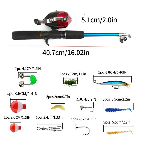 Portable Telescopic Fishing Rod and Reel Combo Kit with Fishing Reel Tackle Box for Boys, Girls, Youth (Red)