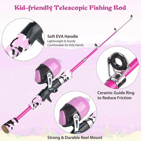 Kids Fishing Pole Portable Telescopic Fishing Rod and Reel Combo Kit for Boys, Girls with Fishing Reel, Fishing Tackles (Pink)