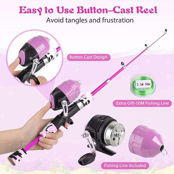 Kids Fishing Pole Portable Telescopic Fishing Rod and Reel Combo Kit for Boys, Girls with Fishing Reel, Fishing Tackles (Pink)