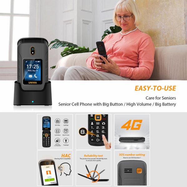 4G Unlocked Flip Phone for Seniors,Dual Screen Big Button Basic Phone for Elderly,Simple Cell Phone with SOS Button,Hearing Aid Compatible (Black)