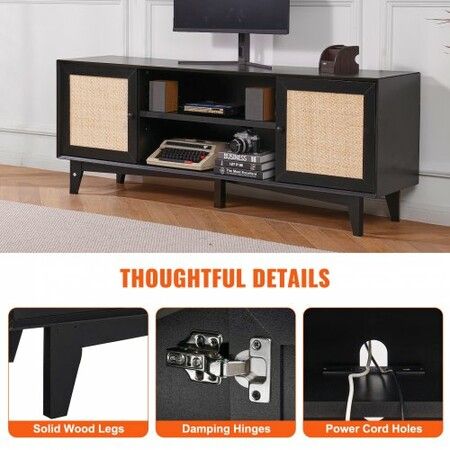 Rattan TV Stand for 75" TV Boho TV Stand with Build-in Socket Black