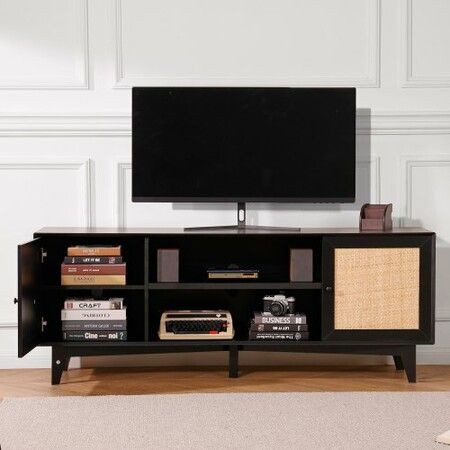 Rattan TV Stand for 75" TV Boho TV Stand with Build-in Socket Black