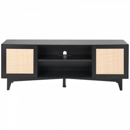 Rattan TV Stand for 75" TV Boho TV Stand with Build-in Socket Black