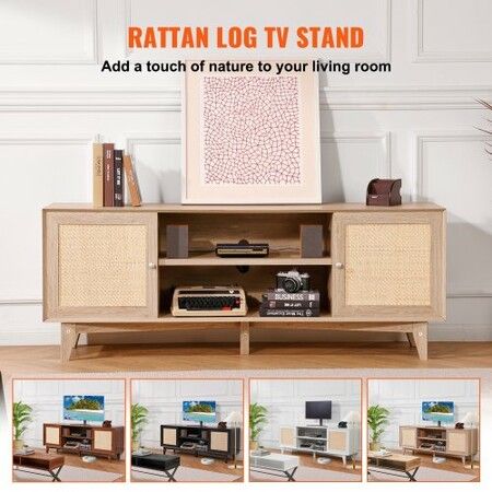 Rattan TV Stand for 75" TV Boho TV Stand with Build-in Socket Oak