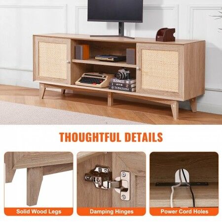 Rattan TV Stand for 75" TV Boho TV Stand with Build-in Socket Oak