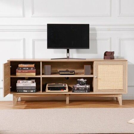 Rattan TV Stand for 75" TV Boho TV Stand with Build-in Socket Oak