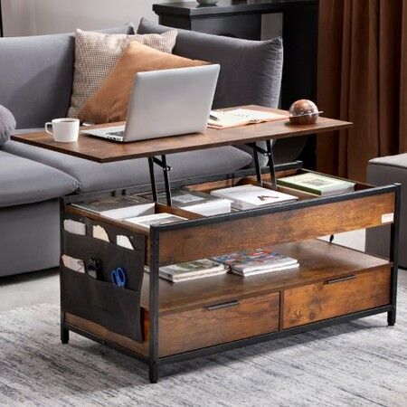 Lift Top Coffee Table 39.4" Rectangle Coffee Table with Light & USB Brown