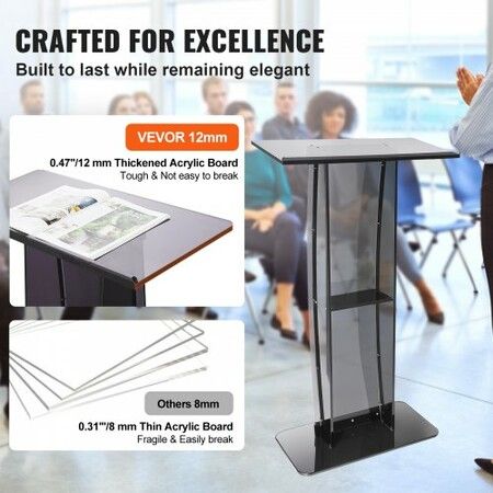 Acrylic Podium, 47" Tall, Acrylic Podium Stand with Wide Reading Surface & Storage Shelf, Floor-standing Clear Pulpits Acrylic for Church Office School, Black