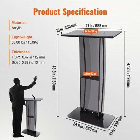 Acrylic Podium, 47" Tall, Acrylic Podium Stand with Wide Reading Surface & Storage Shelf, Floor-standing Clear Pulpits Acrylic for Church Office School, Black