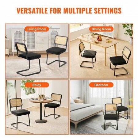 Rattan Chairs, Set of 2, Mid Century Modern Dining Chair, Upholstered Velvet Accent Chair with Rattan Back, Retro Dining Room Kitchen Chair for Living Room, Bedroom, Reading Room, Office, Black