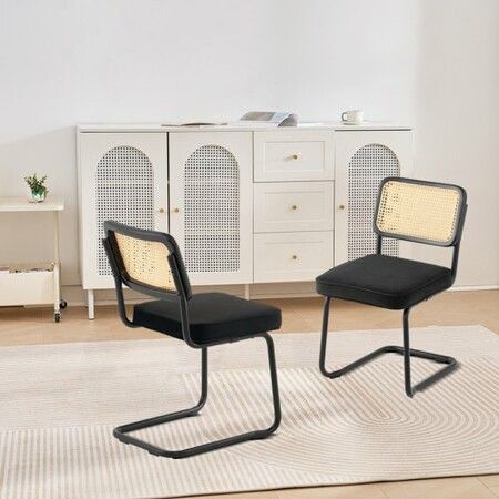 Rattan Chairs, Set of 2, Mid Century Modern Dining Chair, Upholstered Velvet Accent Chair with Rattan Back, Retro Dining Room Kitchen Chair for Living Room, Bedroom, Reading Room, Office, Black