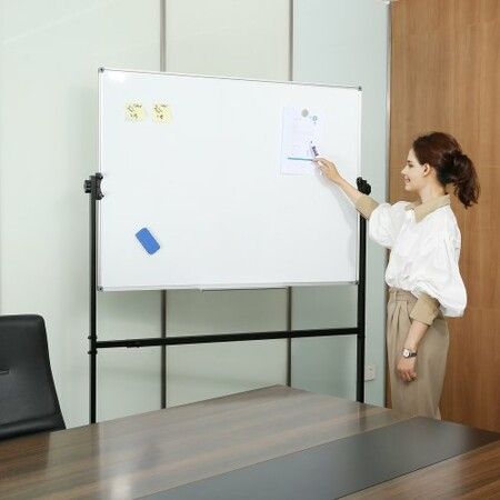 Rolling Whiteboard, 48x32 inch Double-Sided Magnetic Mobile Whiteboard, 360° Reversible Adjustable Height Dry Erase Board with Wheels & Movable Tray for Office School