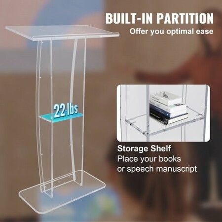 Acrylic Podium, 47" Tall, Clear Acrylic Podium Stand with Wide Reading Surface & Storage Shelf, Floor-standing Clear Pulpits Acrylic for Church Office School