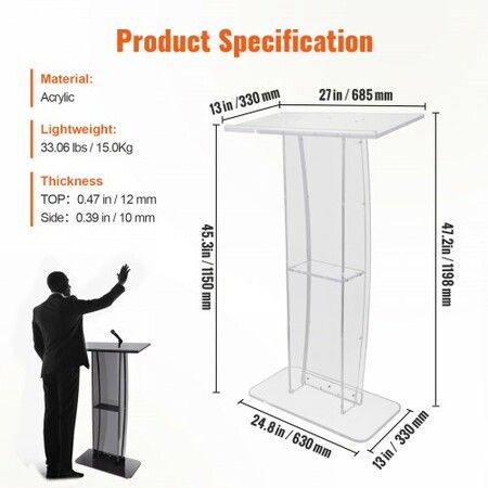 Acrylic Podium, 47" Tall, Clear Acrylic Podium Stand with Wide Reading Surface & Storage Shelf, Floor-standing Clear Pulpits Acrylic for Church Office School