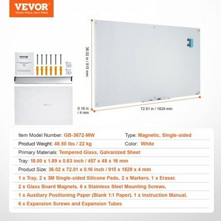 Magnetic Glass Whiteboard, Dry Erase Board 72"x36", Wall-Mounted Large White Glassboard Frameless, with Marker Tray, an Eraser and 2 Markers, White