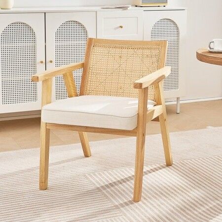 Rattan Chair, Mid Century Modern Dining Chair with Armrest, Upholstered Chair with Rattan Back, Retro Rattan Dining Room Kitchen Chair for Living Room, Bedroom, Reading Room, and Office, Beige