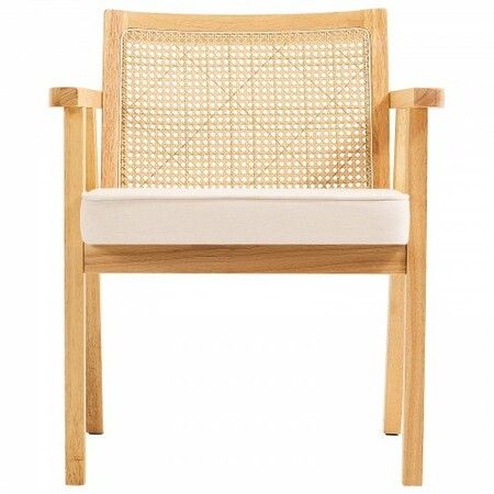 Rattan Chair, Mid Century Modern Dining Chair with Armrest, Upholstered Chair with Rattan Back, Retro Rattan Dining Room Kitchen Chair for Living Room, Bedroom, Reading Room, and Office, Beige