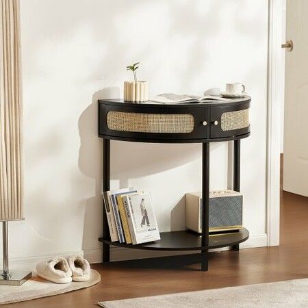 Half-moon Rattan Console Table 2 Storage Drawers Rattan Sliding Door Black