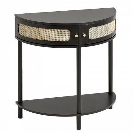 Half-moon Rattan Console Table 2 Storage Drawers Rattan Sliding Door Black