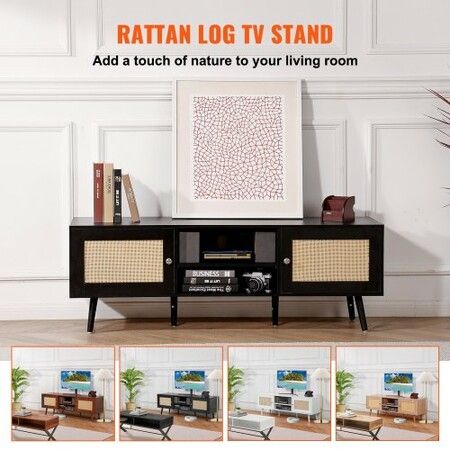 Rattan TV Stand for 65 inch TV, Boho TV Stand with Rattan Door, Entertainment Center with Build-in Socket and USB Ports, Modern TV Console for Living Room, Media Room, Black