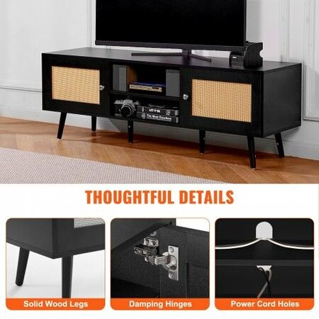 Rattan TV Stand for 65 inch TV, Boho TV Stand with Rattan Door, Entertainment Center with Build-in Socket and USB Ports, Modern TV Console for Living Room, Media Room, Black