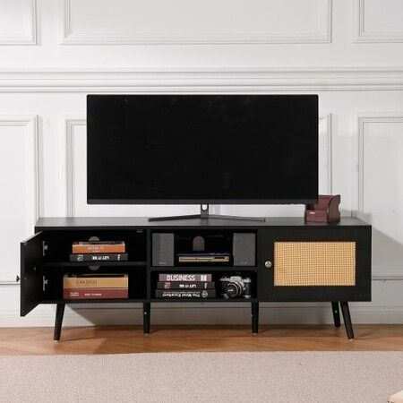 Rattan TV Stand for 65 inch TV, Boho TV Stand with Rattan Door, Entertainment Center with Build-in Socket and USB Ports, Modern TV Console for Living Room, Media Room, Black