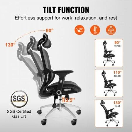 Mesh Office Chair, Adjustable High Back Desk Chair with Mesh Seat, Angle and Height Adjustable Home Office Chair with Lumbar and Head Support, Swivel Computer Task Chair