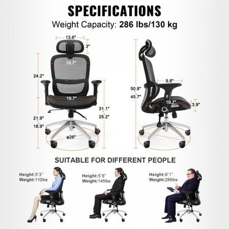 Mesh Office Chair, Adjustable High Back Desk Chair with Mesh Seat, Angle and Height Adjustable Home Office Chair with Lumbar and Head Support, Swivel Computer Task Chair